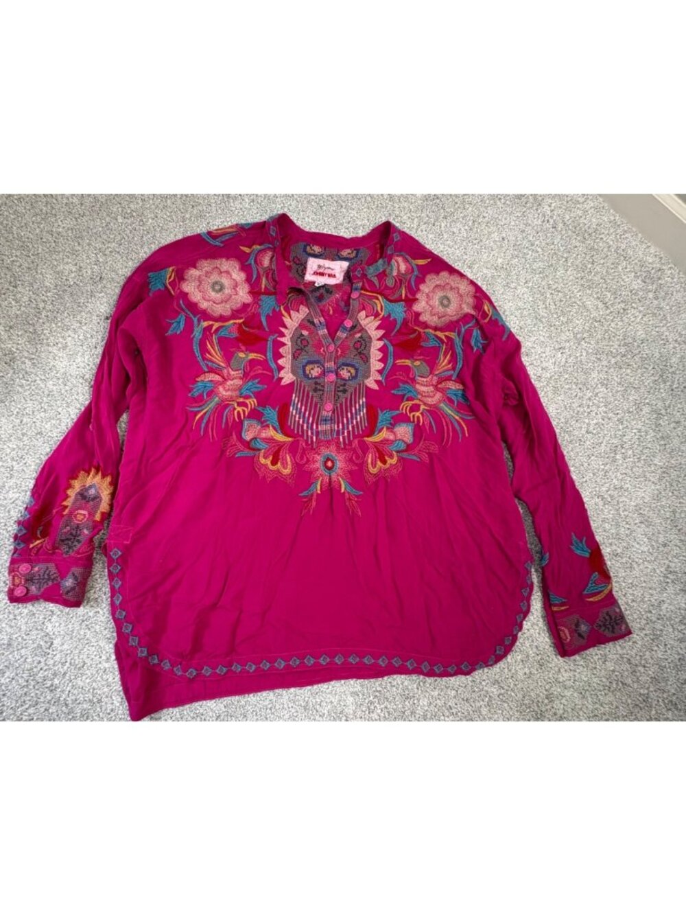 Johnny Was Pink Embroidered Floral Button-Up Blouse XS Oversized Boho Gypsy